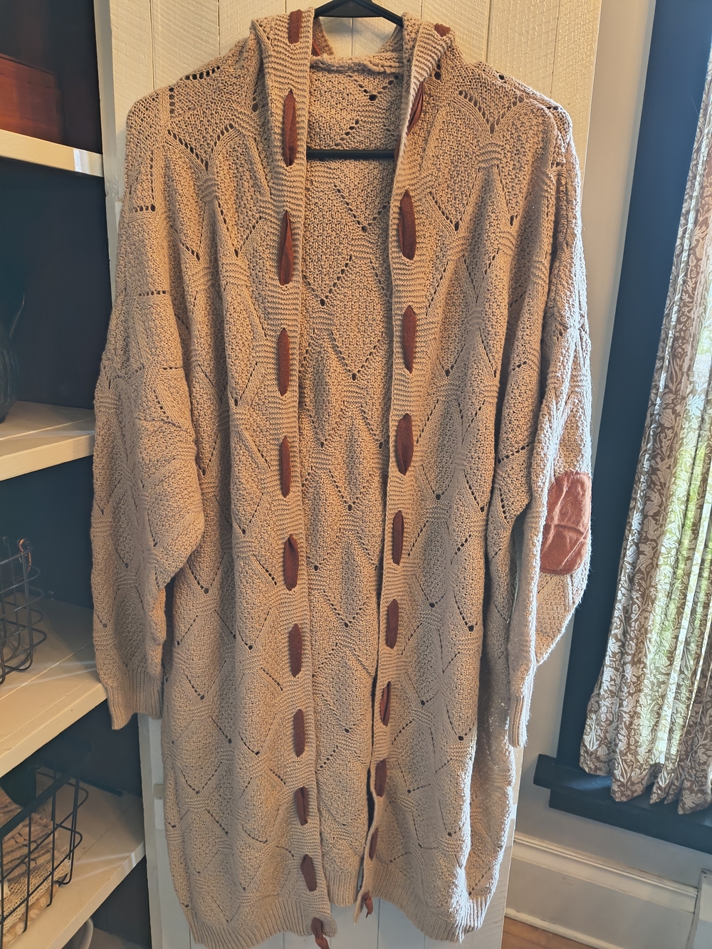 Beige Open-Knit Hooded Cardigan Sweater